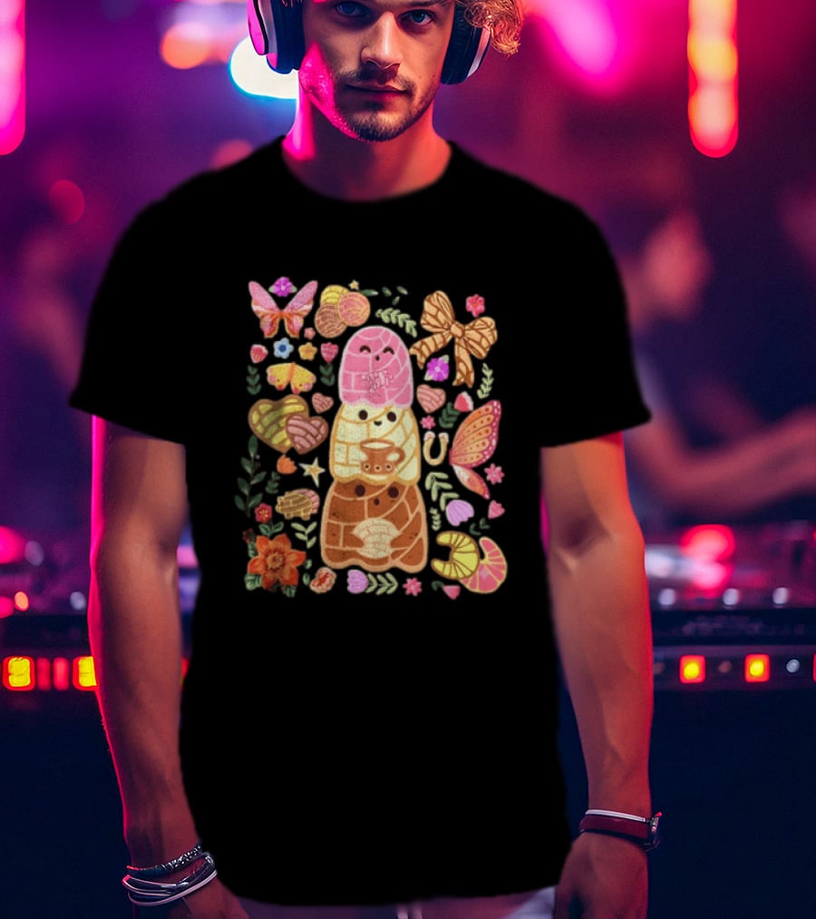 Stacked Concha Bread Characters With Colorful Flowers And Butterflies T-Shirt