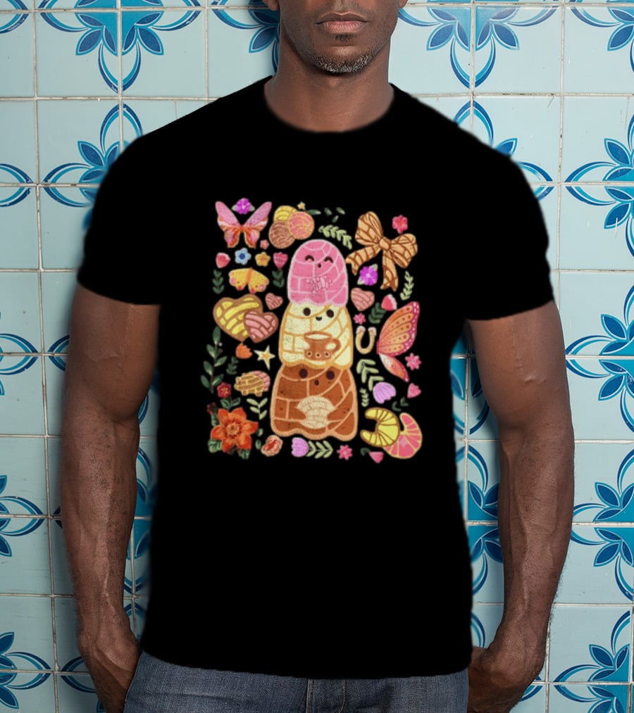 Stacked Concha Bread Characters With Colorful Flowers And Butterflies T-Shirt