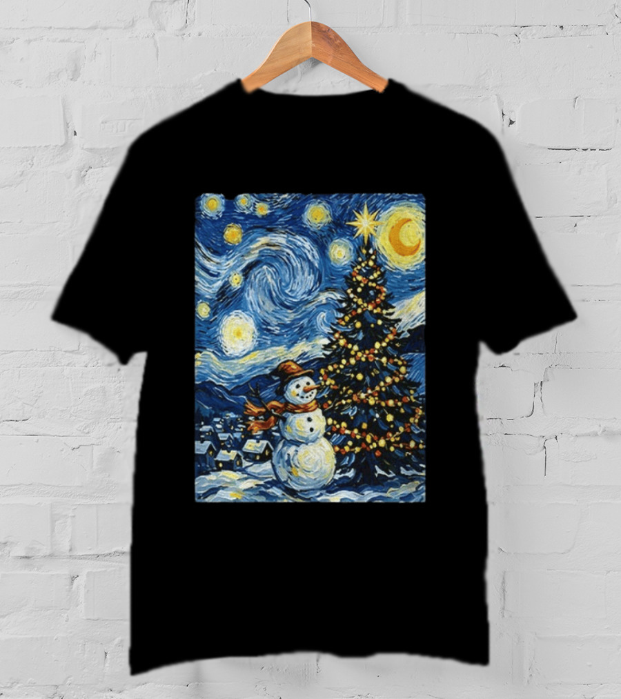 Starry Snowman Christmas Night With Tree And Sky T-Shirt