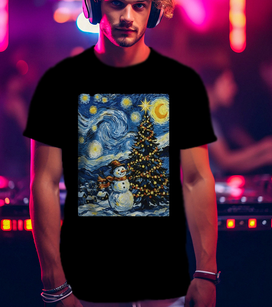 Starry Snowman Christmas Night With Tree And Sky T-Shirt