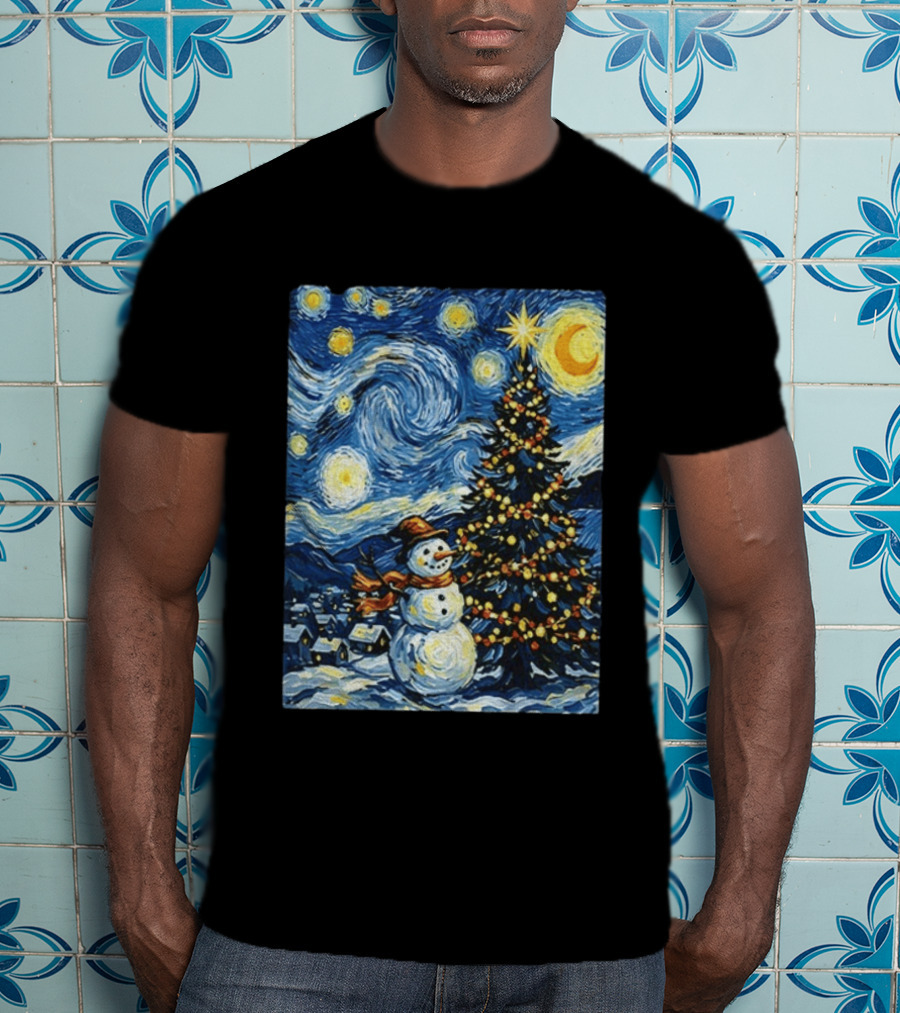 Starry Snowman Christmas Night With Tree And Sky T-Shirt