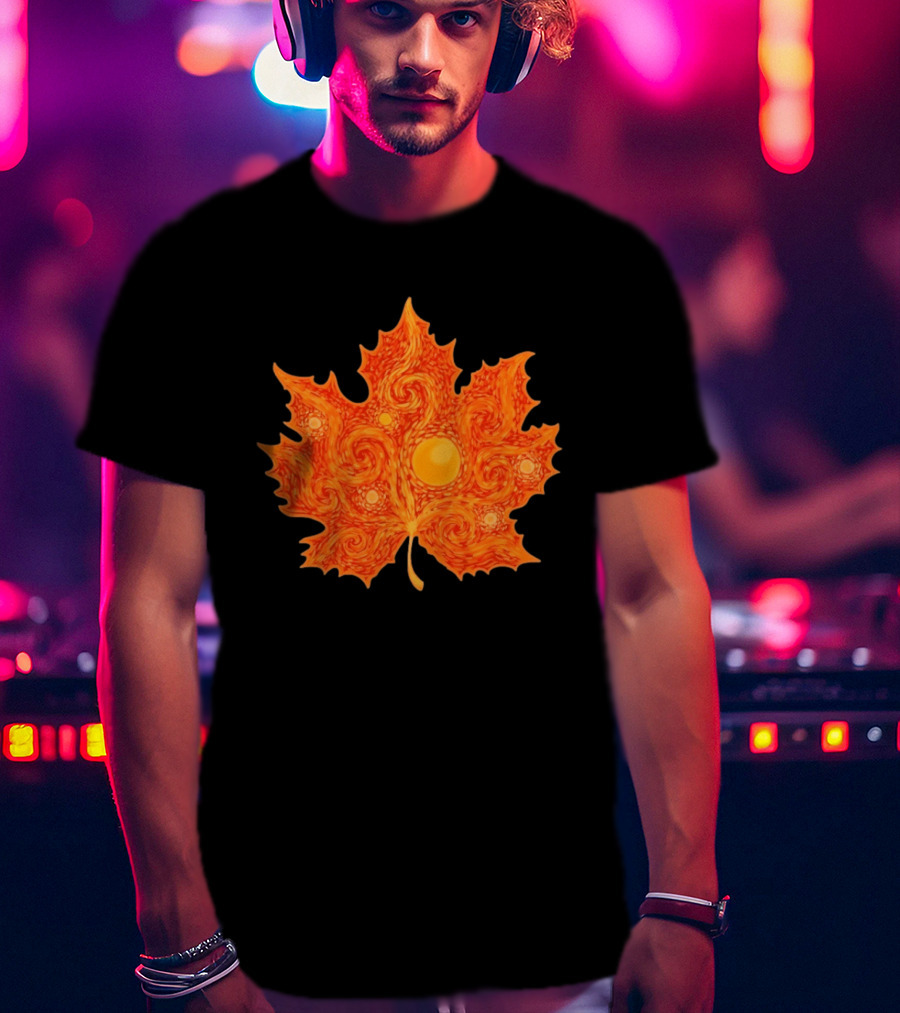 Starry Night Orange Maple Leaf Autumn Swirl T-Shirt