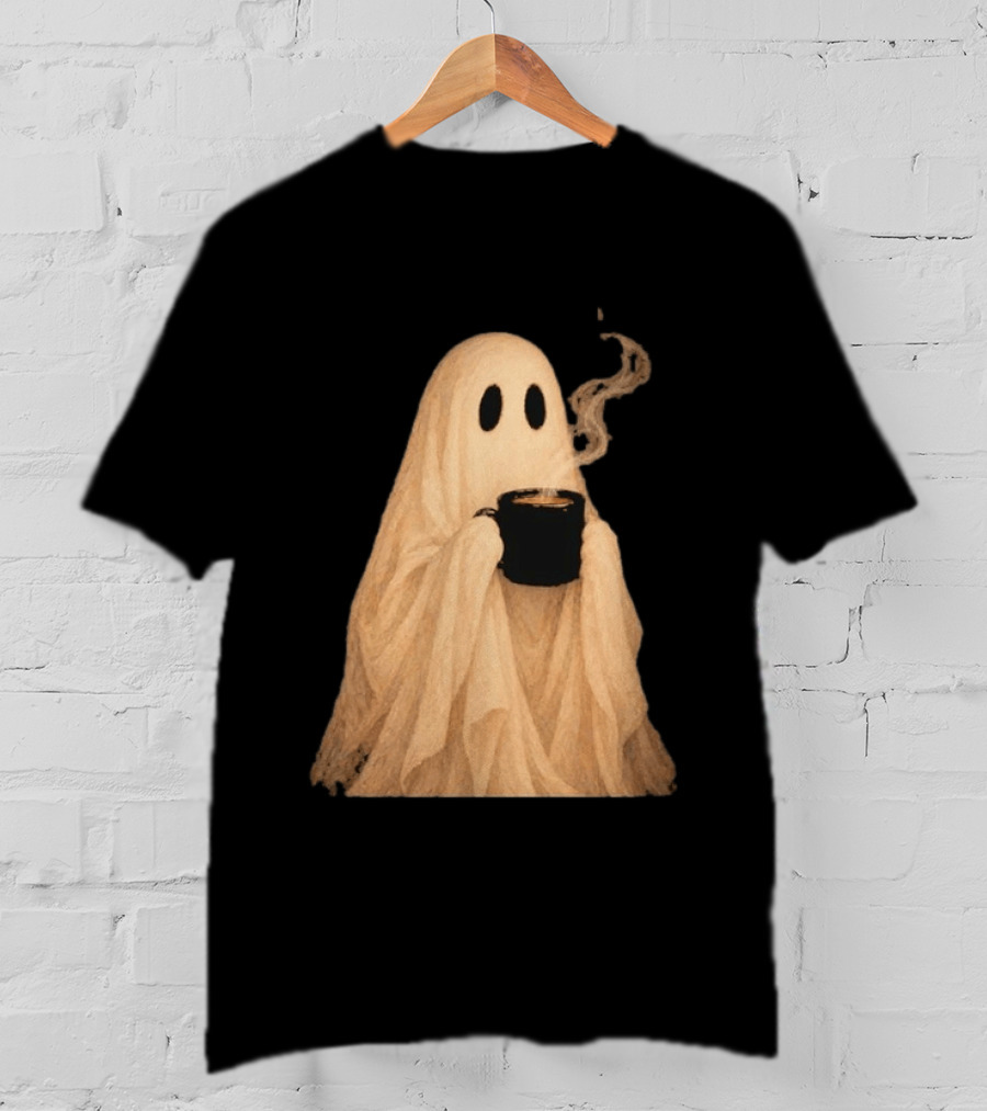 Ghost Spooky Coffee Bar Halloween Cozy Ghost Holding Coffee Steam T-Shirt