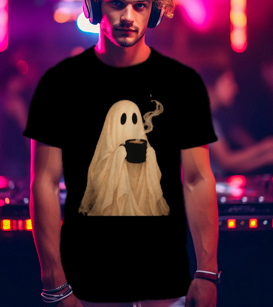 Ghost Spooky Coffee Bar Halloween Cozy Ghost Holding Coffee Steam T-Shirt