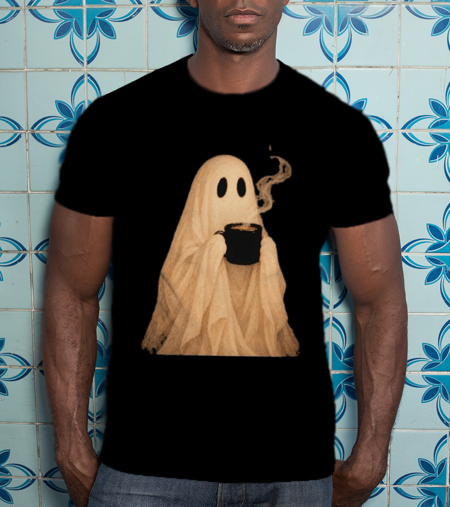 Ghost Spooky Coffee Bar Halloween Cozy Ghost Holding Coffee Steam T-Shirt