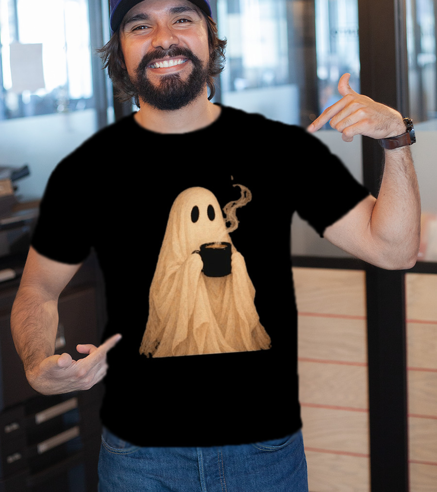 Ghost Spooky Coffee Bar Halloween Cozy Ghost Holding Coffee Steam T-Shirt