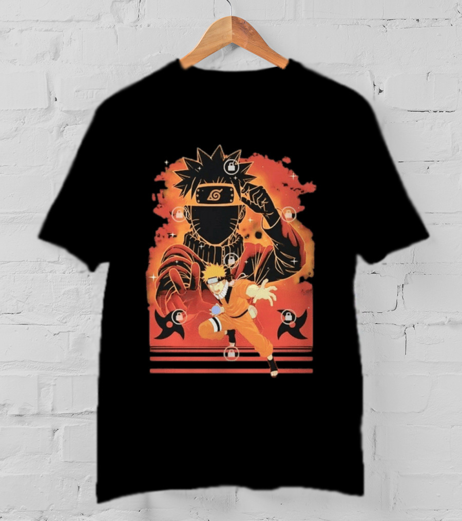 Naruto Uzumaki Ninja Action Anime Manga Shadow Clone Jutsu Shuriken Flames T-Shirt