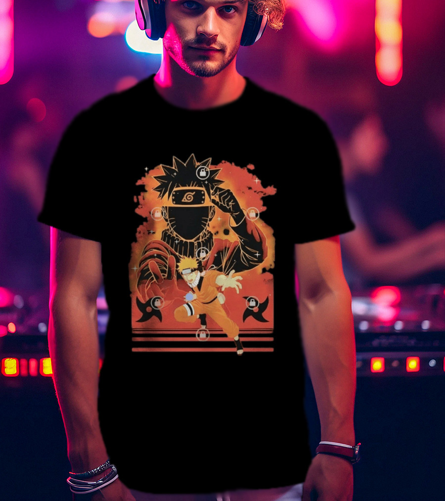 Naruto Uzumaki Ninja Action Anime Manga Shadow Clone Jutsu Shuriken Flames T-Shirt