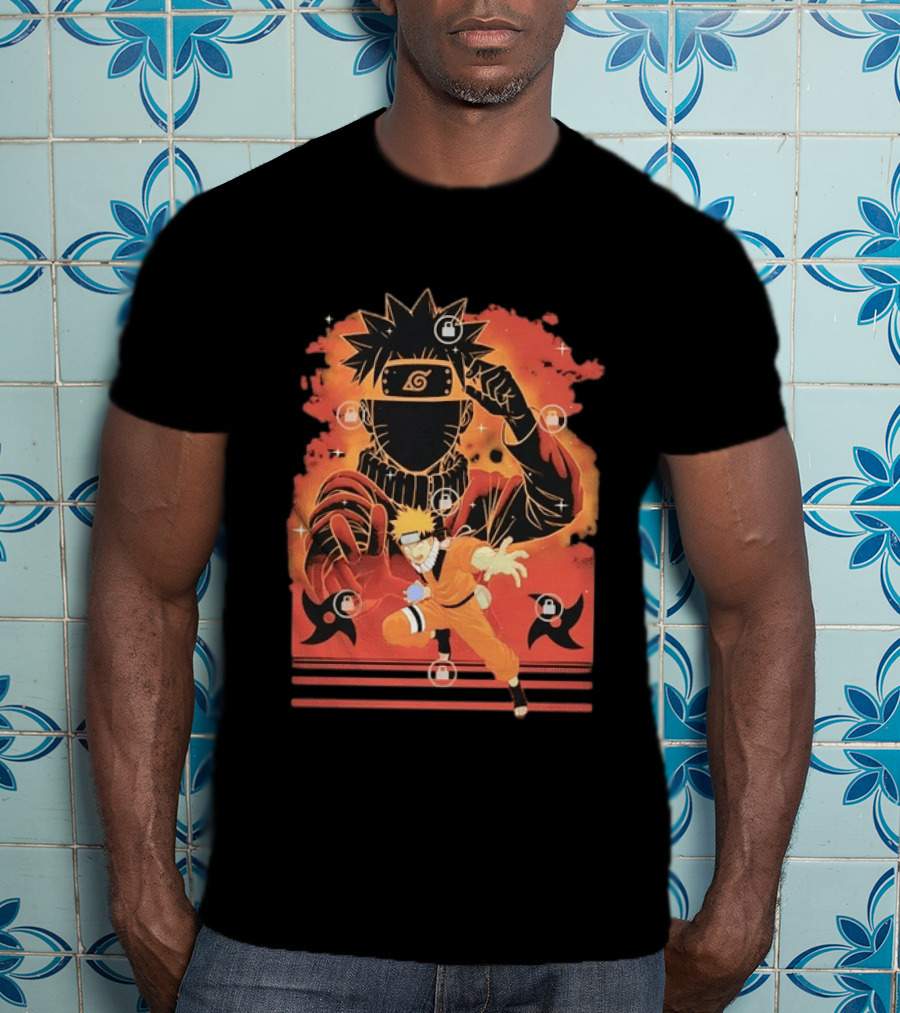 Naruto Uzumaki Ninja Action Anime Manga Shadow Clone Jutsu Shuriken Flames T-Shirt