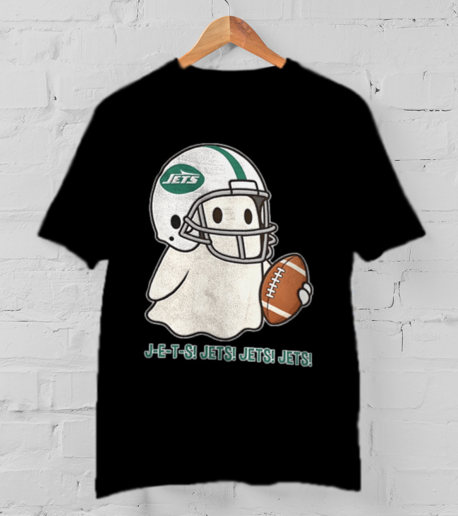 J E S Jets Jets Jets New York Jets Football Helmet Ghost Holding Football T-Shirt