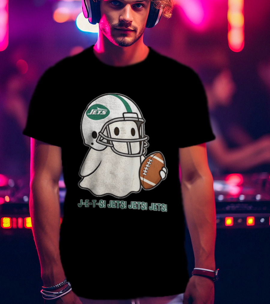 J E S Jets Jets Jets New York Jets Football Helmet Ghost Holding Football T-Shirt