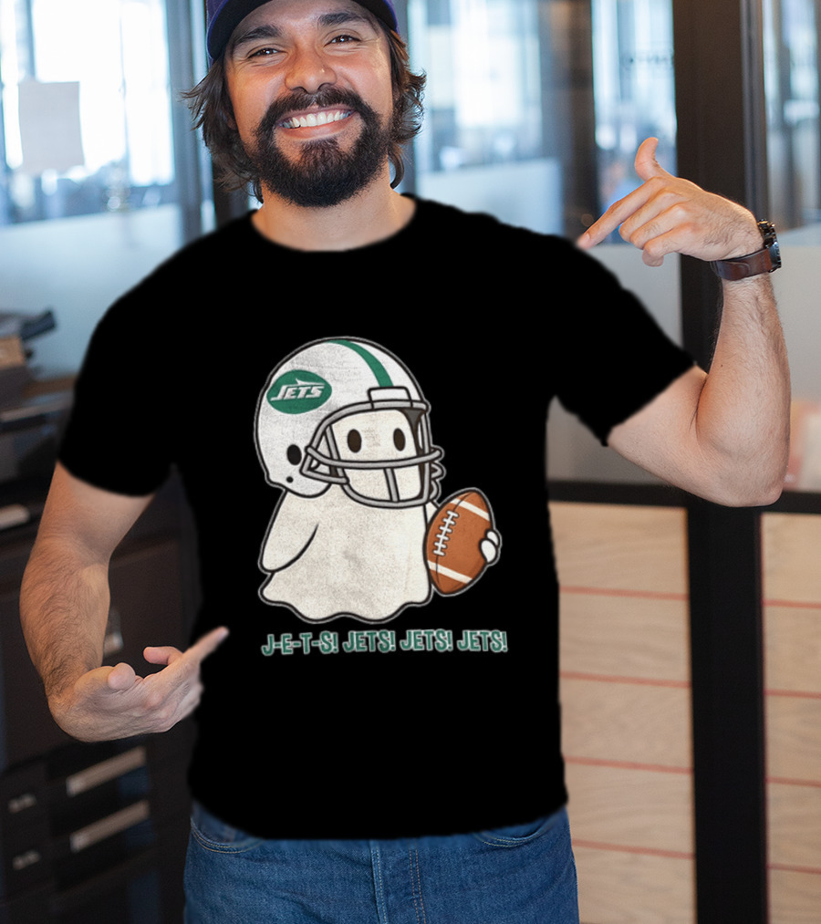 J E S Jets Jets Jets New York Jets Football Helmet Ghost Holding Football T-Shirt