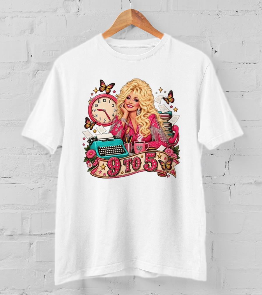 9 To 5 Dolly Parton Music Western Cowgirl Icon With Butterflies And Typewriter T-Shirt