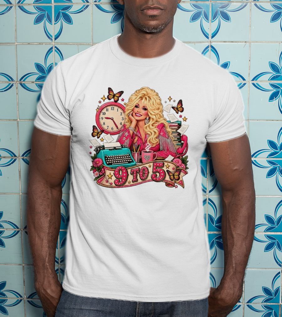 9 To 5 Dolly Parton Music Western Cowgirl Icon With Butterflies And Typewriter T-Shirt