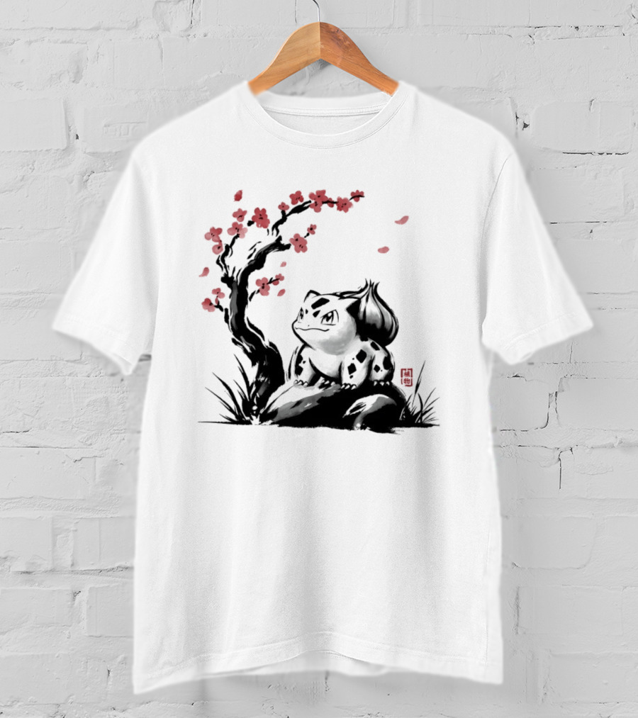 Bulbasaur Sumi E Ink Wash Painting With Cherry Blossom Pokemon T-Shirt
