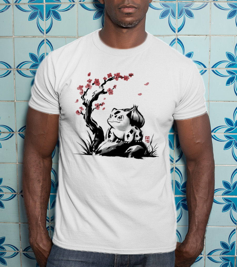 Bulbasaur Sumi E Ink Wash Painting With Cherry Blossom Pokemon T-Shirt