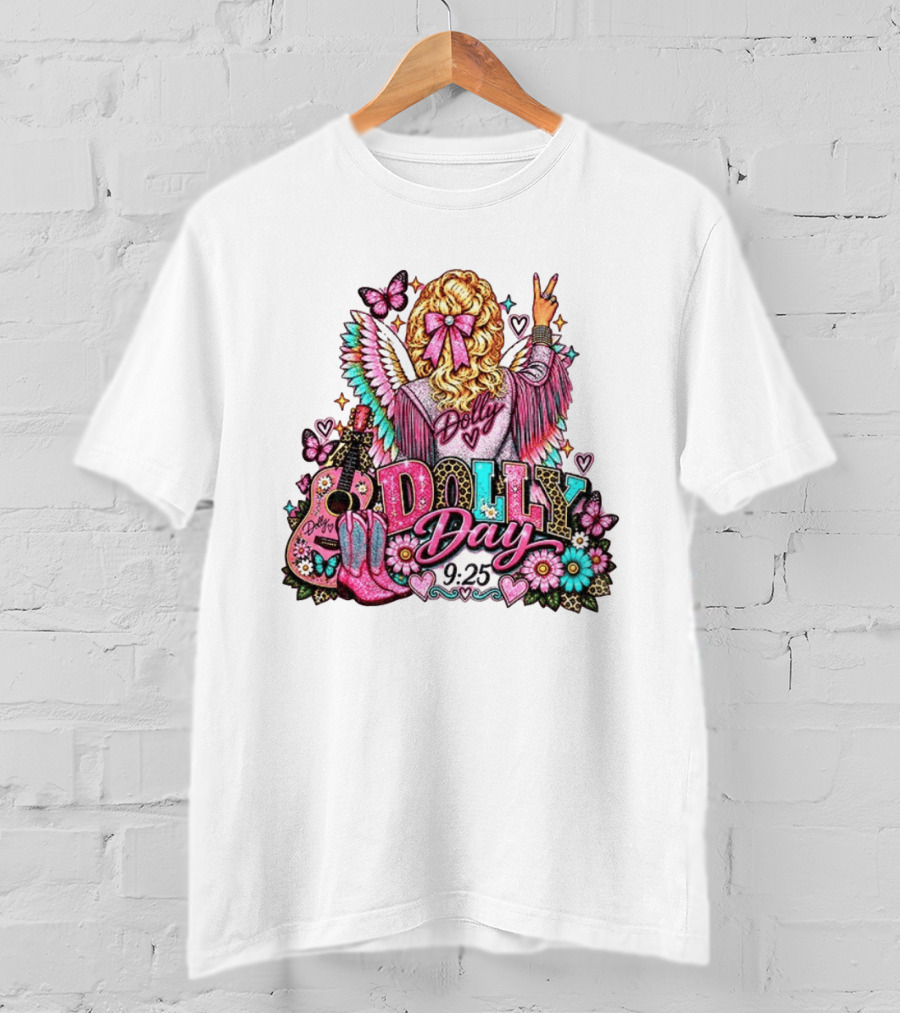 Dolly Day 9.25 Pink Cowgirl Boots Guitar Western Butterflies Hearts T-Shirt