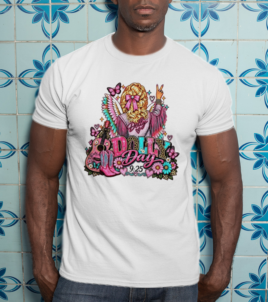Dolly Day 9.25 Pink Cowgirl Boots Guitar Western Butterflies Hearts T-Shirt