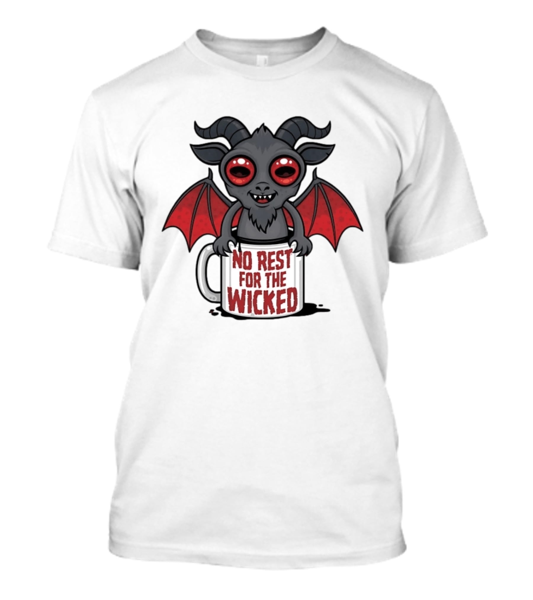 No Rest For The Wicked Little Demon Coffee Red Eyed Bat Wings T-Shirt