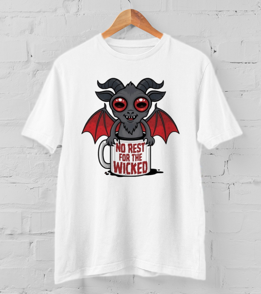 No Rest For The Wicked Little Demon Coffee Red Eyed Bat Wings T-Shirt