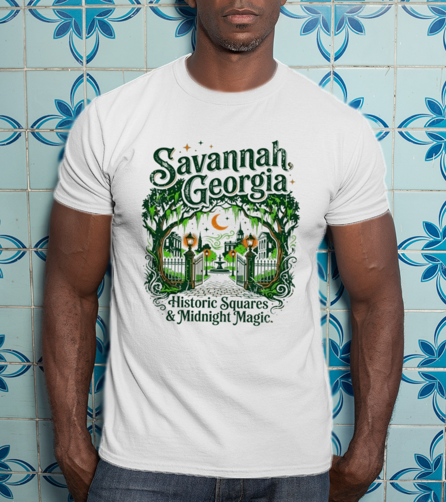 Savannah Georgia Historic Squares Midnight Magic Crescent Moon And Lanterns T-Shirt