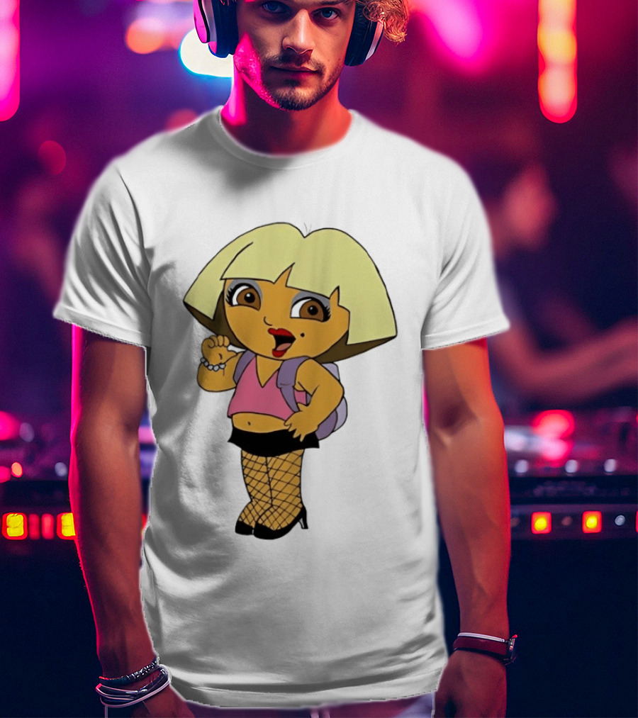 Explorer Parody Cartoon Mashup Pop Culture Icon With Backpack And Fishnets T-Shirt