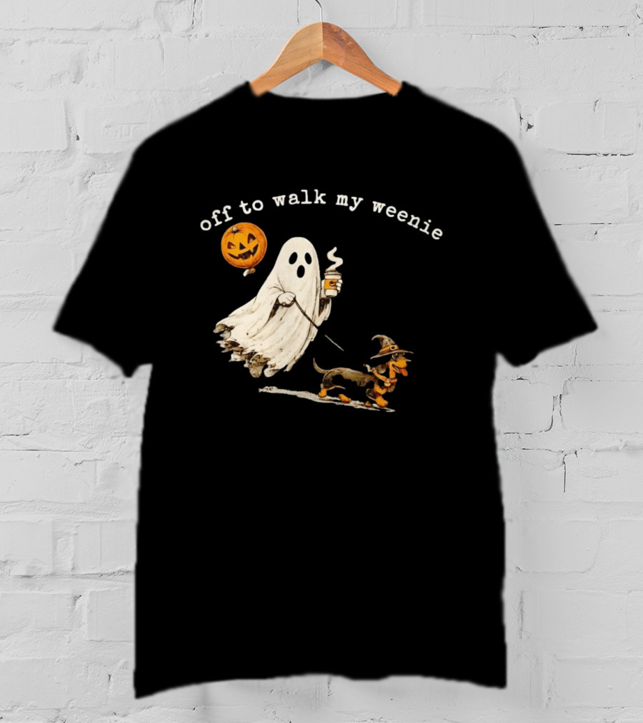 Ghost Walking With Pumpkin Balloon And Dachshund Halloween Fun T-Shirt