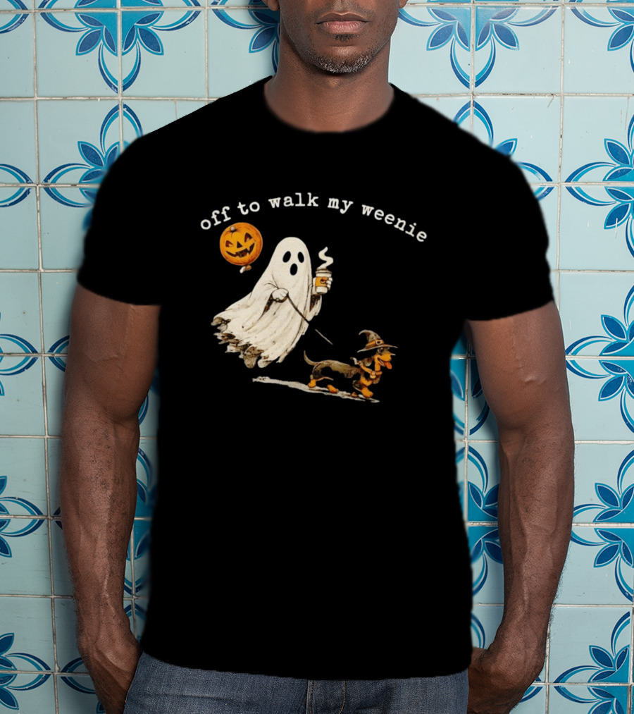 Ghost Walking With Pumpkin Balloon And Dachshund Halloween Fun T-Shirt