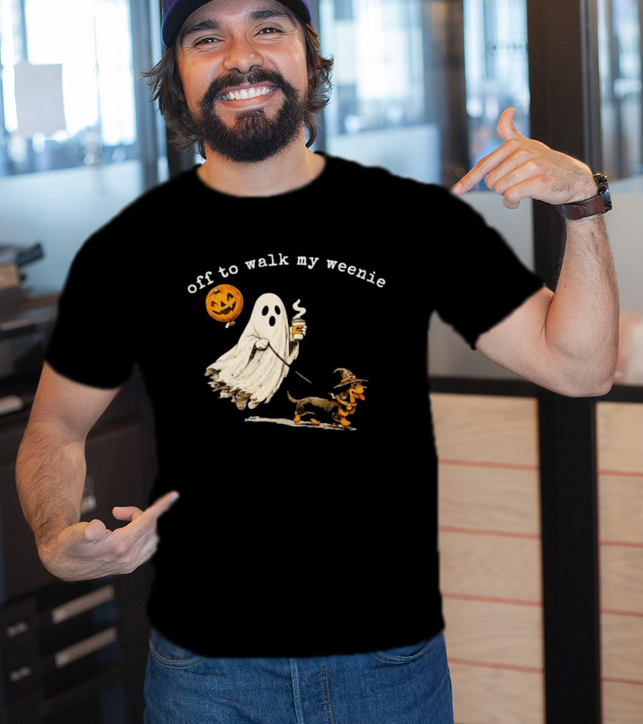 Ghost Walking With Pumpkin Balloon And Dachshund Halloween Fun T-Shirt