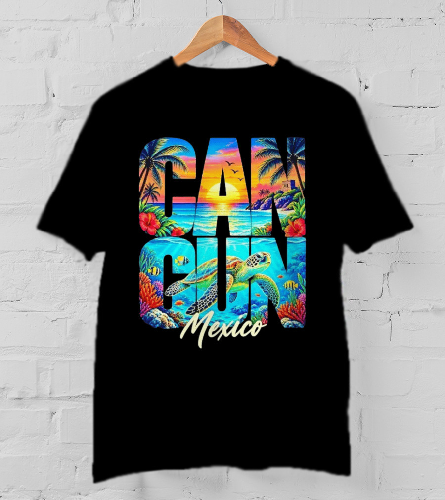 Cancun Mexico Tropical Sea Turtle Sunset Palm Trees Ocean Scene T-Shirt
