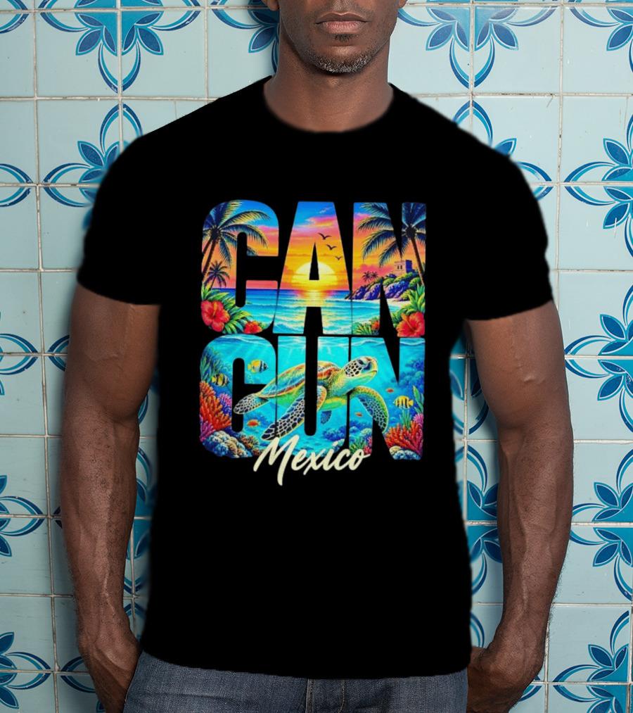 Cancun Mexico Tropical Sea Turtle Sunset Palm Trees Ocean Scene T-Shirt