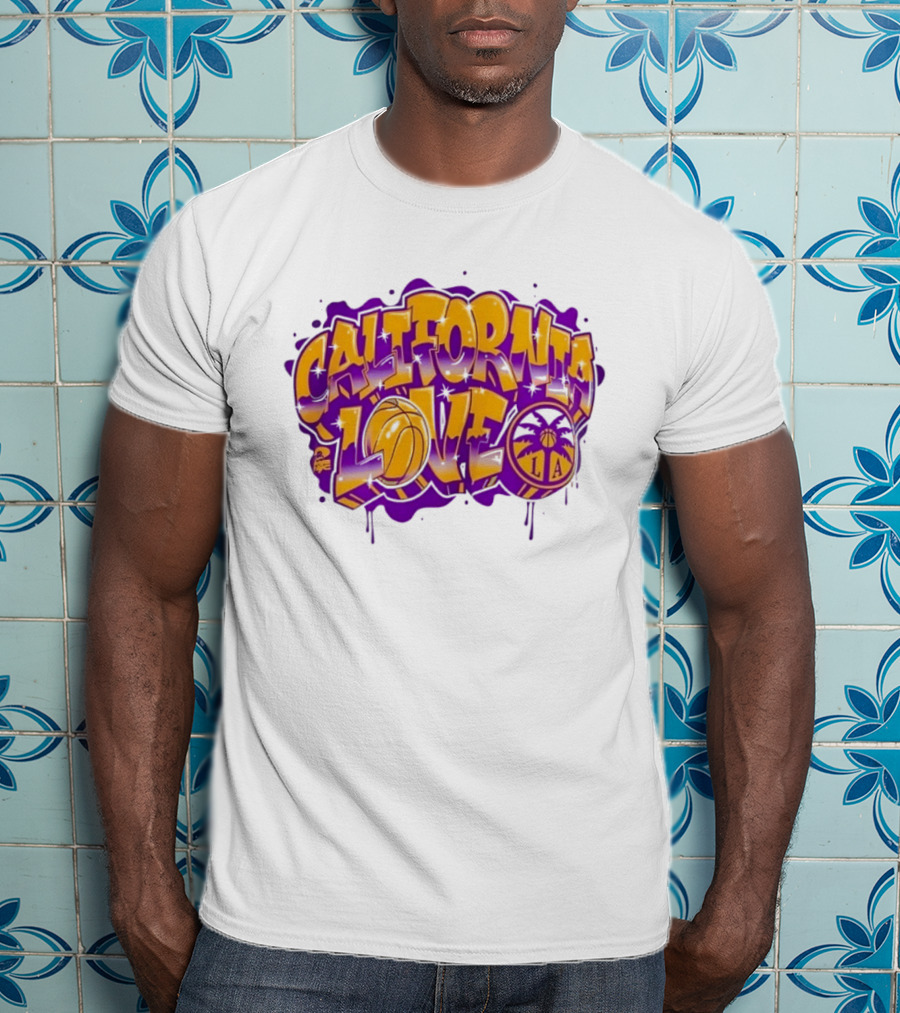 California Love Los Angeles Basketball LA Graffiti Style With Palm Trees And Purple Basketball T-Shirt