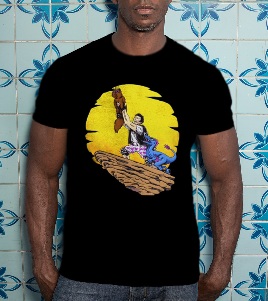Randy Marsh Holding Cat With Blue Dinosaur Scene T-Shirt