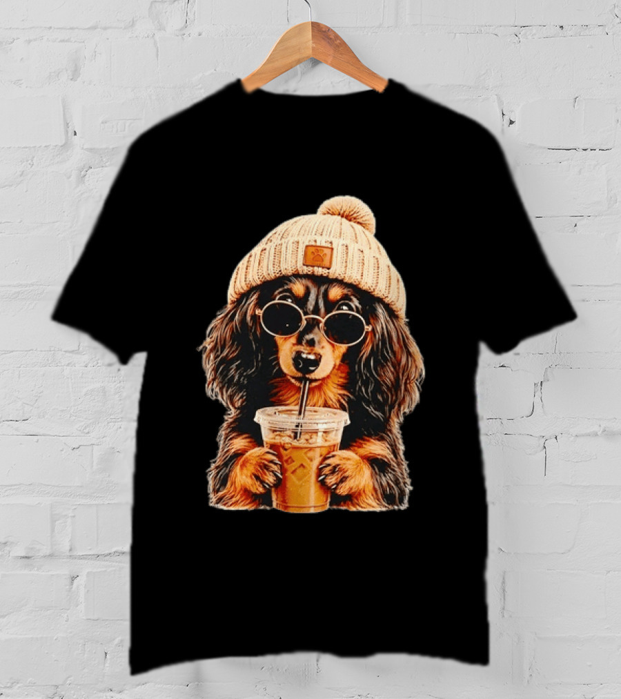 Dachshund Beanie Sunglasses Iced Coffee Trendy Dog Fashion T-Shirt