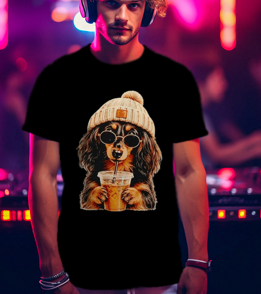 Dachshund Beanie Sunglasses Iced Coffee Trendy Dog Fashion T-Shirt