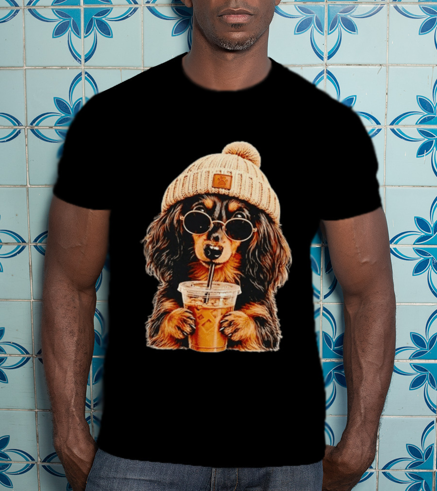 Dachshund Beanie Sunglasses Iced Coffee Trendy Dog Fashion T-Shirt