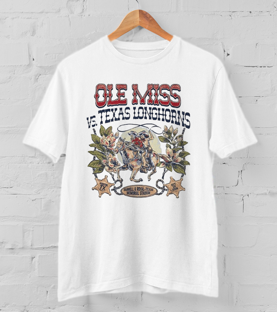 Ole Miss Rebels Vs Texas Longhorns 2026 Game Day Darrell K Royal Texas Memorial Stadium Austin TX October T-Shirt