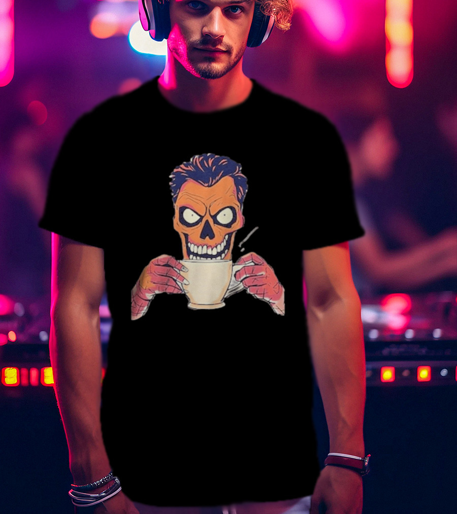 Skull Drink Coffee Skeleton Comic Unique T-Shirt
