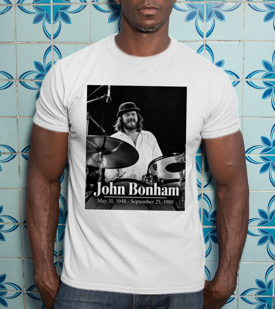 John Bonham May 31 1948 September 25 1980 Drummer Tribute Black And White Photo T-Shirt