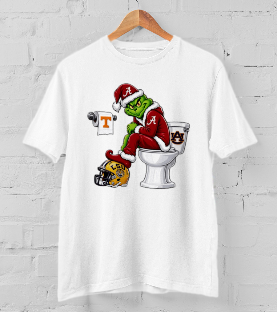 Alabama Crimson Tide Santa Grinch Sitting Auburn Toilet LSU Helmet Christmas T-Shirt