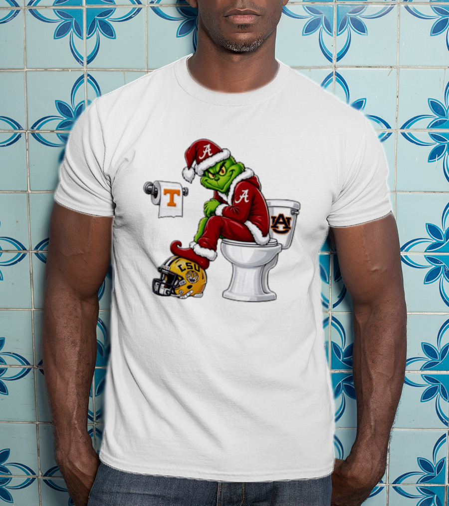 Alabama Crimson Tide Santa Grinch Sitting Auburn Toilet LSU Helmet Christmas T-Shirt