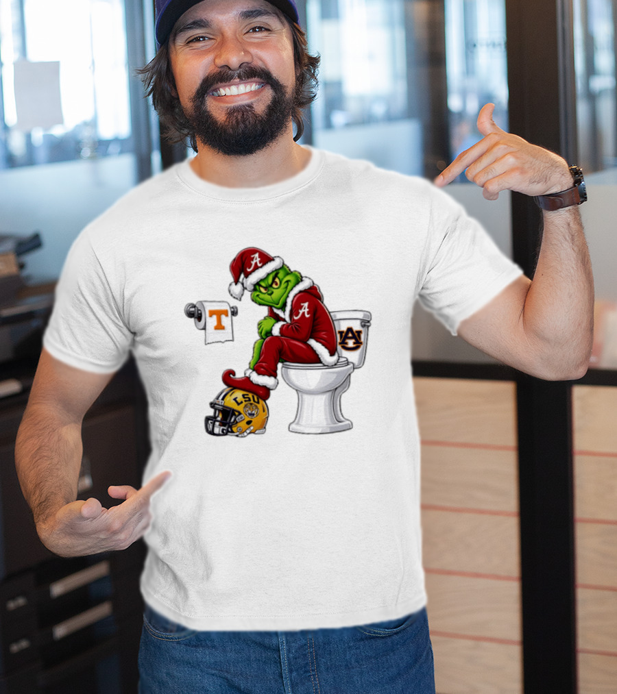 Alabama Crimson Tide Santa Grinch Sitting Auburn Toilet LSU Helmet Christmas T-Shirt