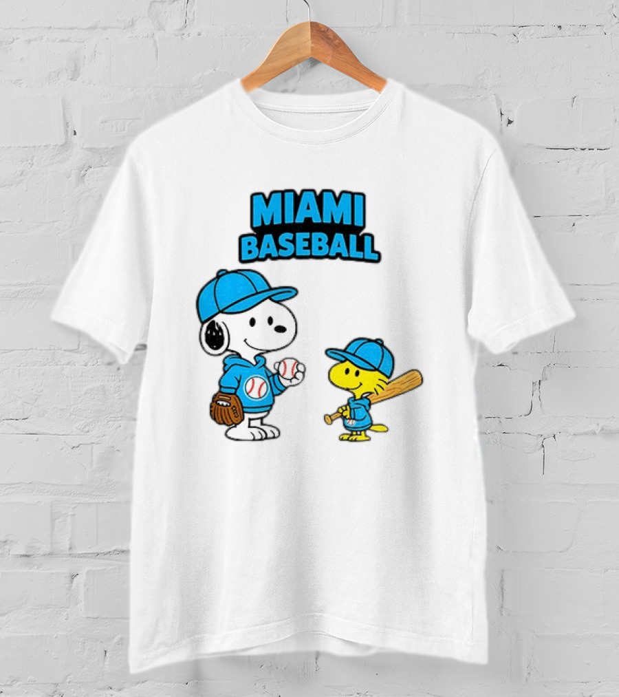 Snoopy Woodstock Miami Baseball Peanuts Cartoon MLB T-Shirt