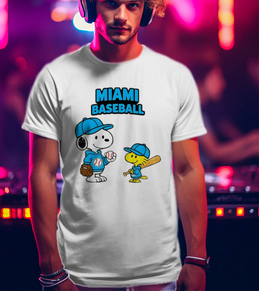 Snoopy Woodstock Miami Baseball Peanuts Cartoon MLB T-Shirt