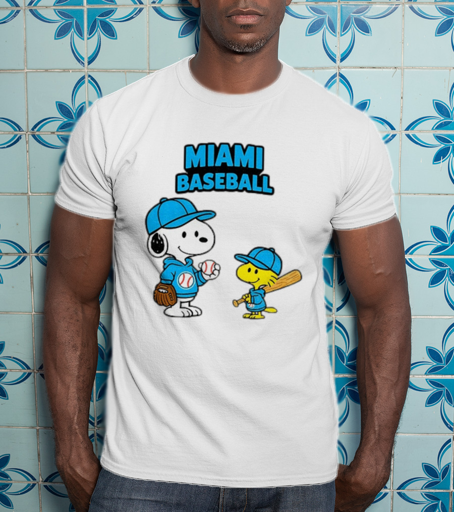 Snoopy Woodstock Miami Baseball Peanuts Cartoon MLB T-Shirt