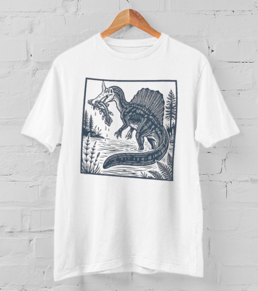 Spinosaurus Catching Fish With Forest T-Shirt