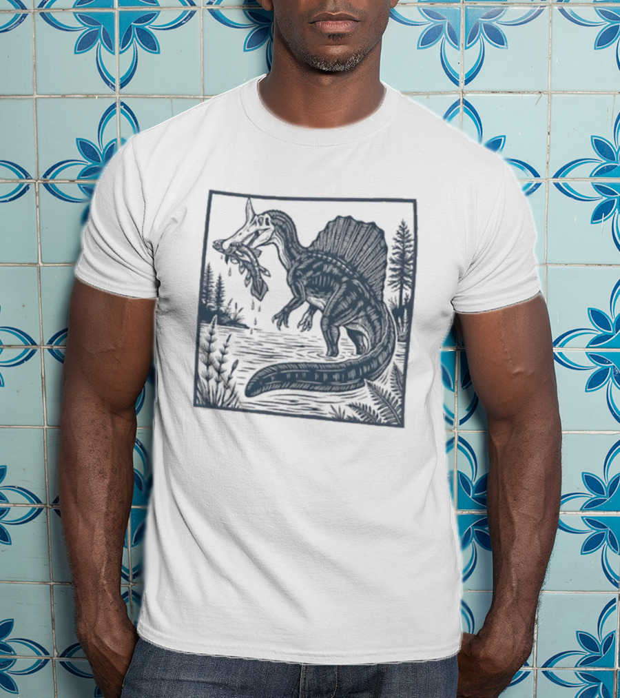 Spinosaurus Catching Fish With Forest T-Shirt