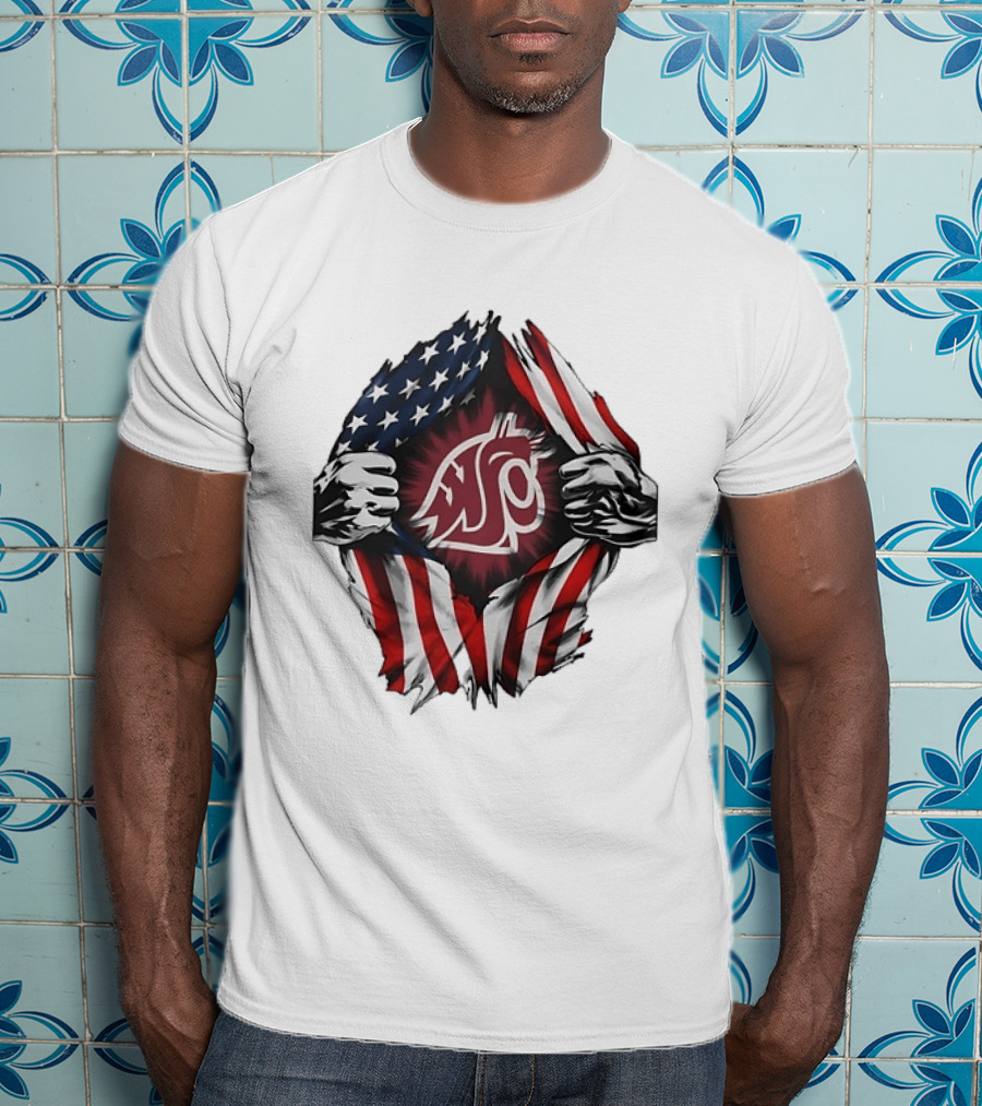 Washington State University Cougars American Flag Ripped Chest T-Shirt