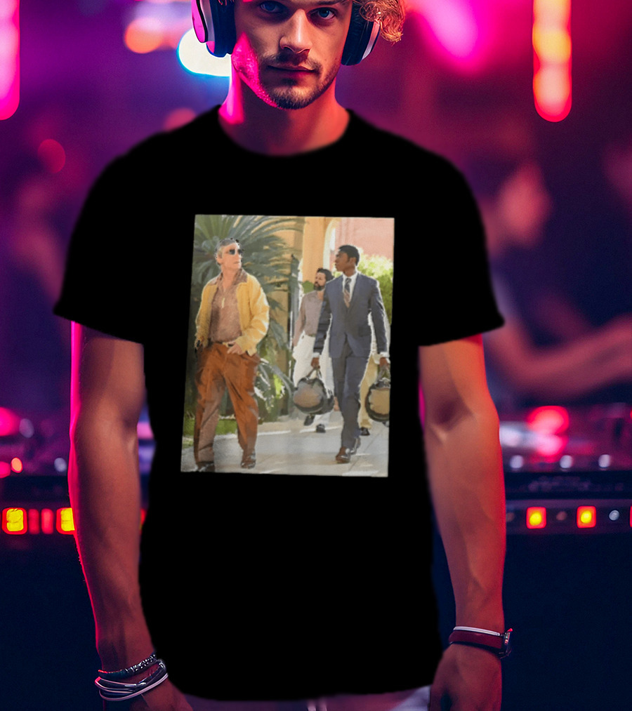 Men In Stylish Outfits Walking Outdoors With Bags T-Shirt