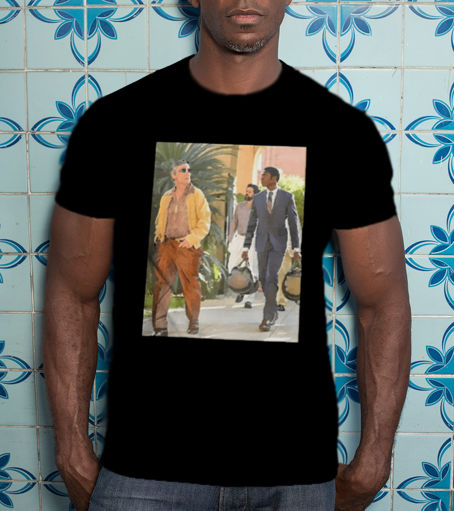 Men In Stylish Outfits Walking Outdoors With Bags T-Shirt